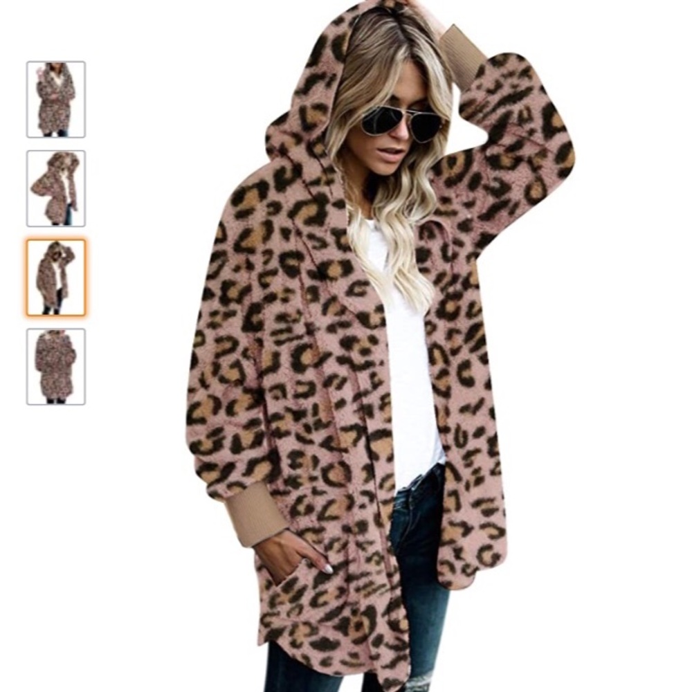 NWT hooded fuzzy pink leopard open front cardigan